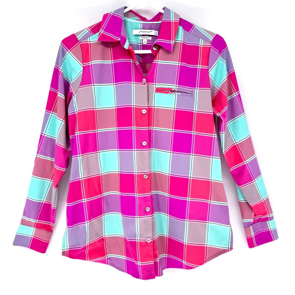 Foxcroft Women’s Size 2 XS Pink Teal Plaid UPF 50+ Button Down Shirt